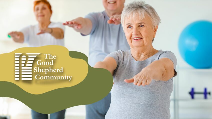 Aging adults working out with The Good Shepherd Community Logo