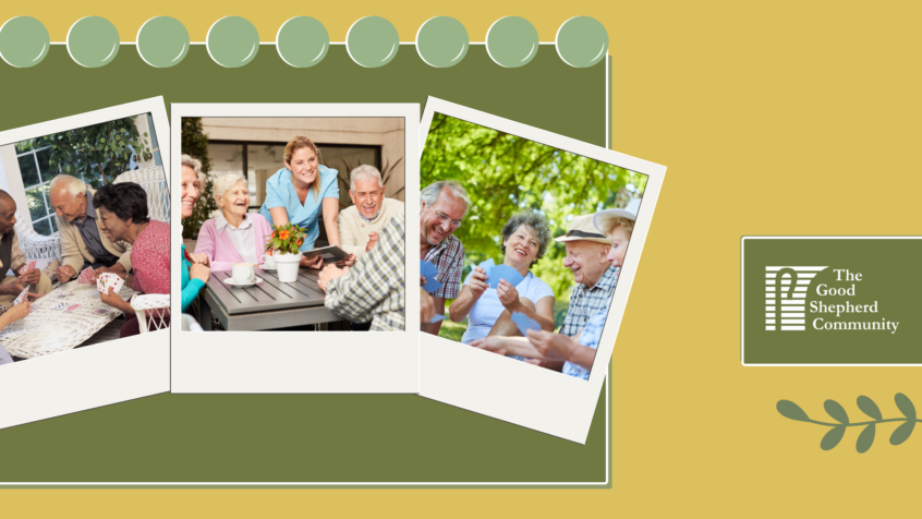 A Series of Polaroid-style pictures depicting groups of seniors enjoying several different types of gatherings, including card games, meals, and more.